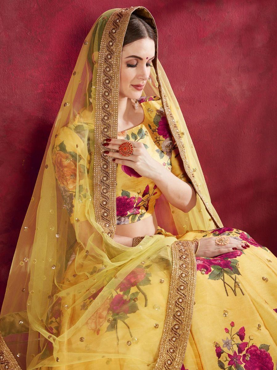 Chic Yellow Lehenga Choli | Floral Print, Sequins & Lace Border Dupatta