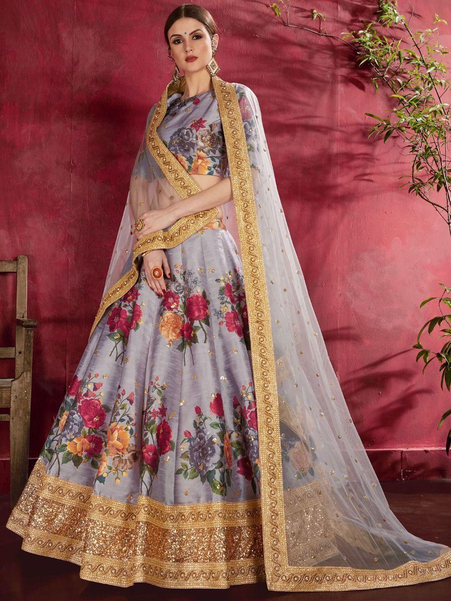 Beautiful Grey Lehenga | Floral Print & Sequins Work with Lace Border Dupatta