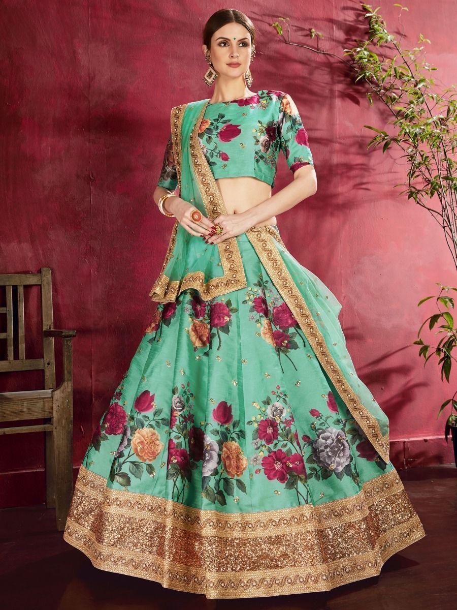 Glamorous Green Lehenga | Banglori Silk with Floral Print & Sequins for Weddings