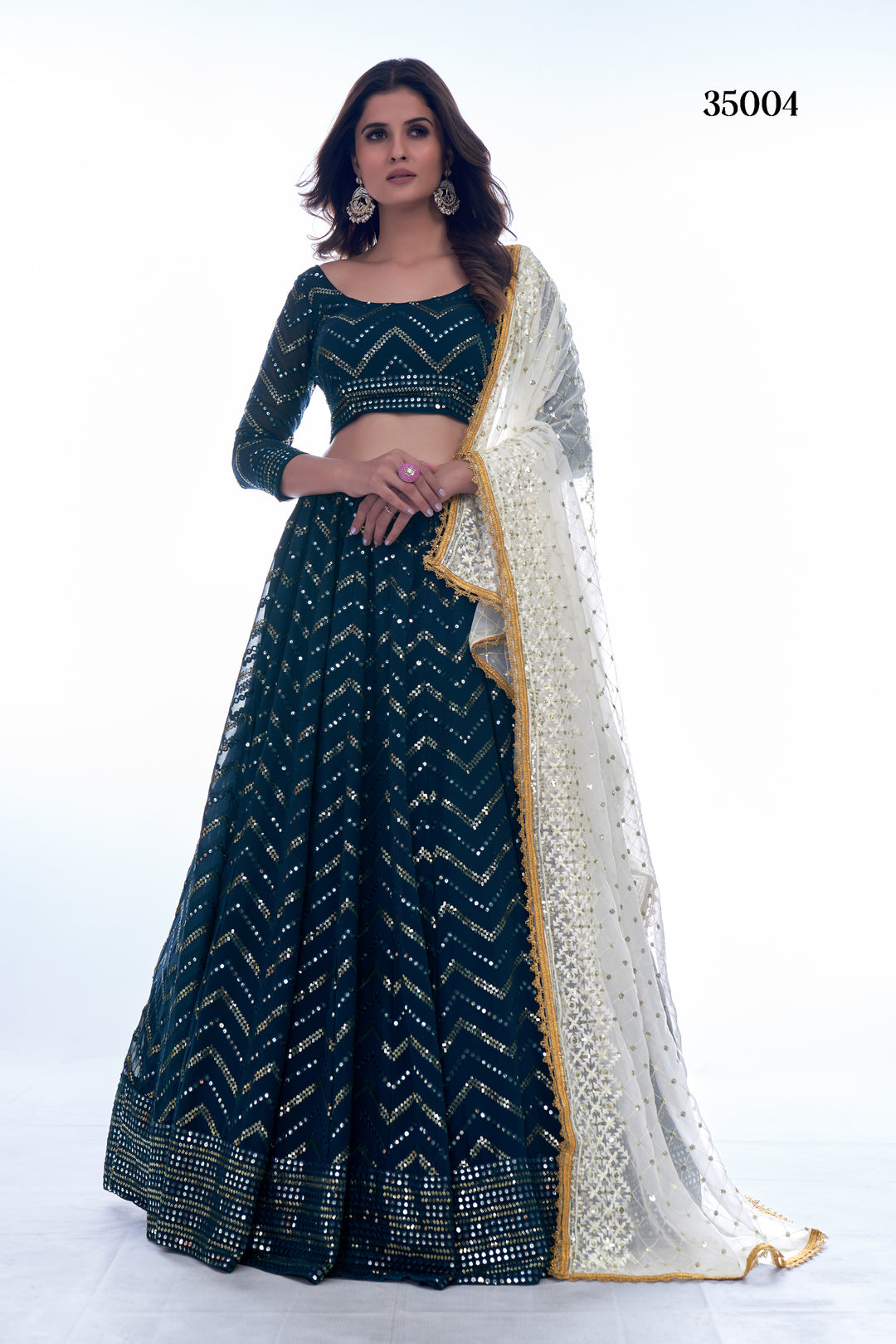 Prussian Blue Georgette Lehenga Set | Chevron Pattern, Thread Work & Sequins