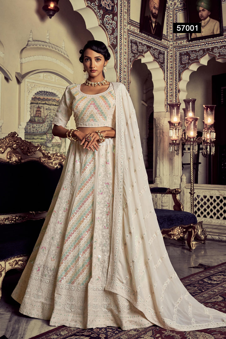 White Georgette Embroidered Lehenga | Semi-Stitched with Blouse