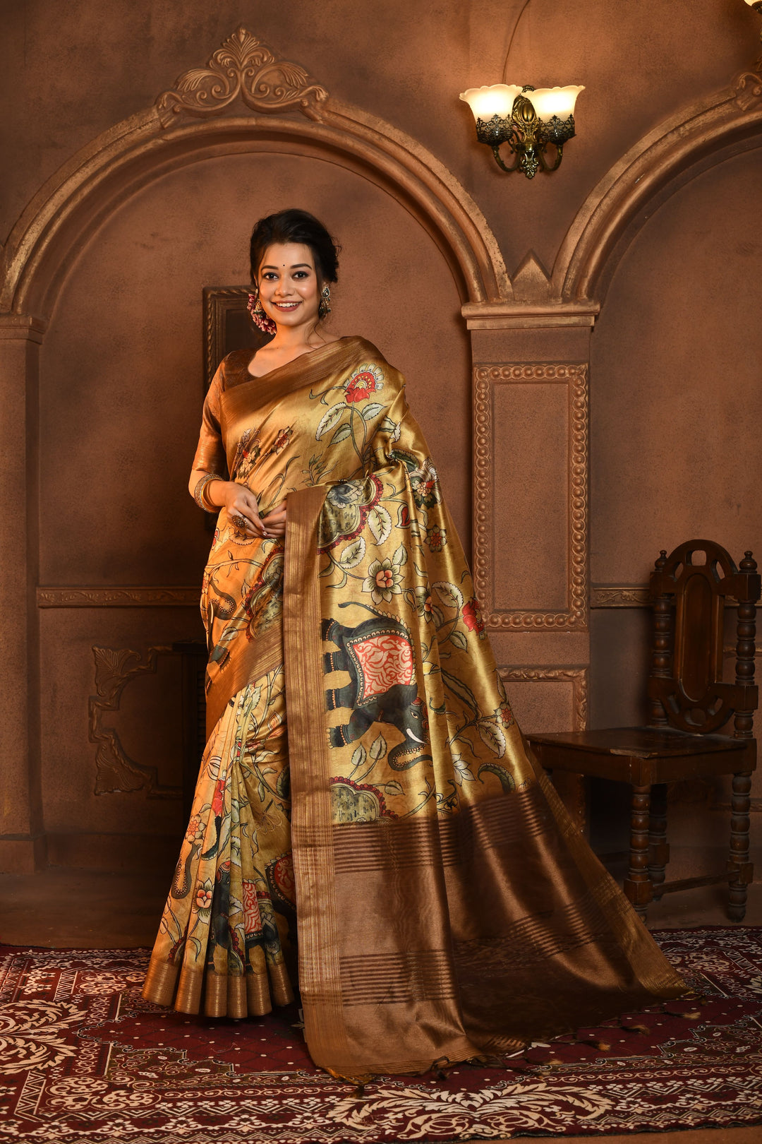 Premium Ghicha Tussar silk saree with Kalamkari print and tassels at pallu