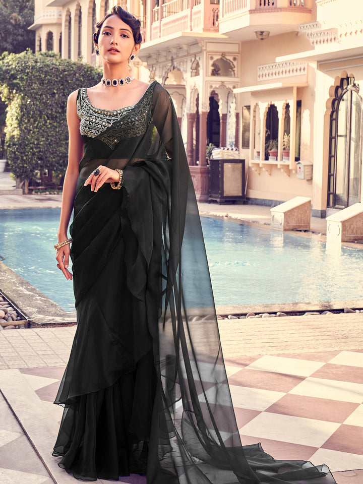 Black georgette saree crafted for elegance and style.