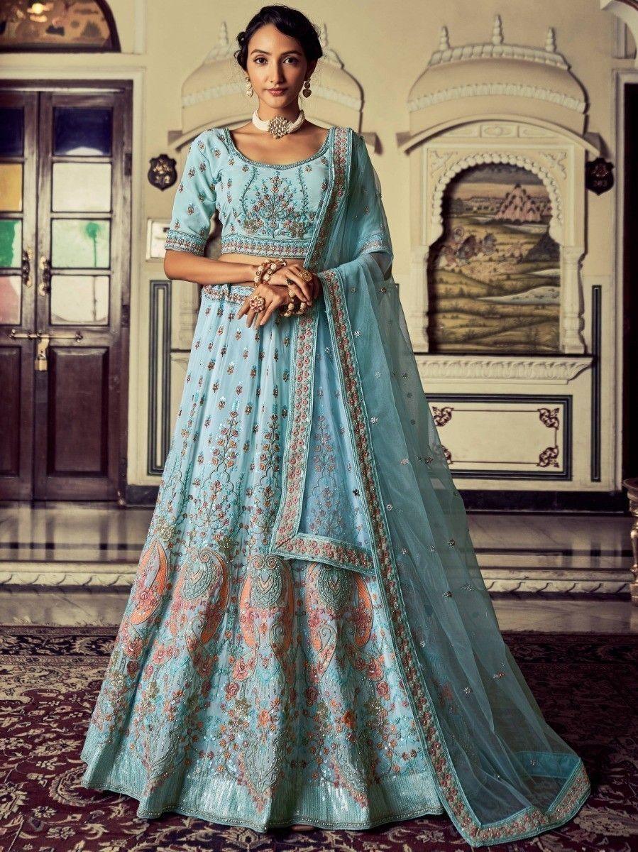 Turquoise Lehenga | Georgette Material with Zarkan & Glitter Zari Embroidery