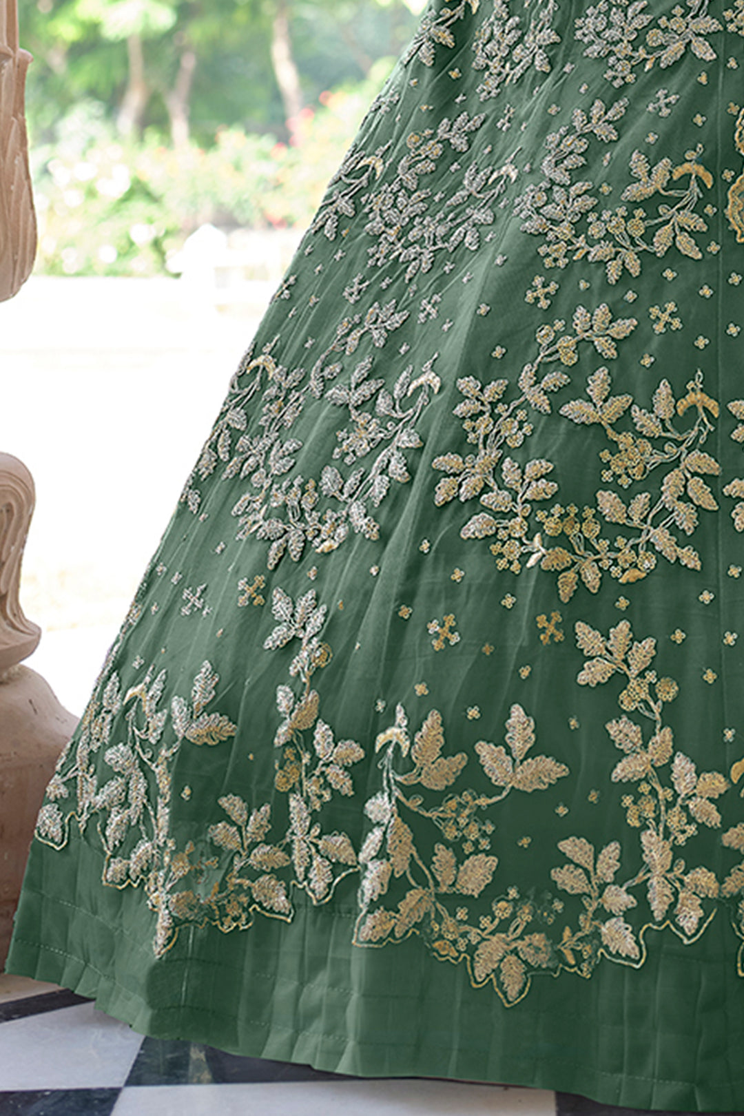 Stylish Dusty Green Lehenga | Soft Net Semi-Stitched Wedding Lehenga