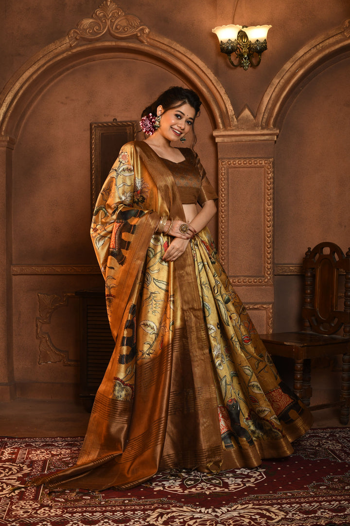 Ghicha Tussar silk saree with intricate Kalamkari design and zari pallu