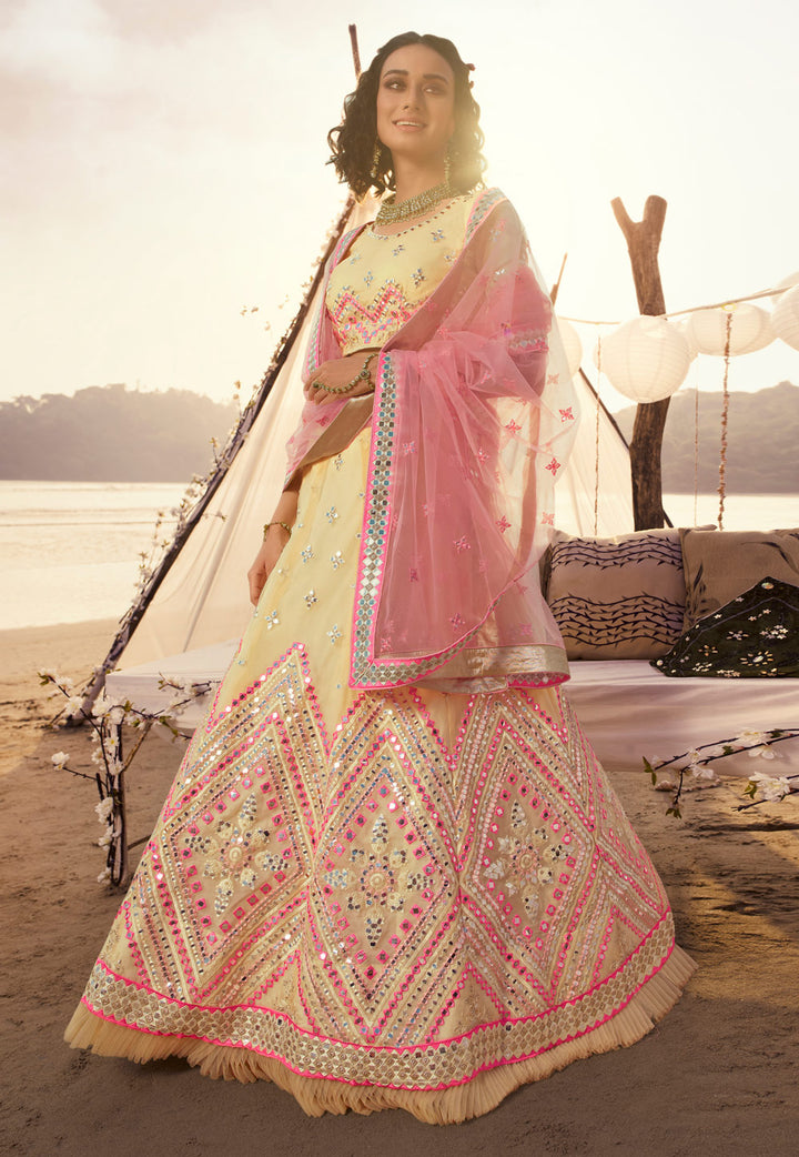 Yellow & Pink Embroidered Mirror Work Lehenga | Semi-Stitched with Dupatta