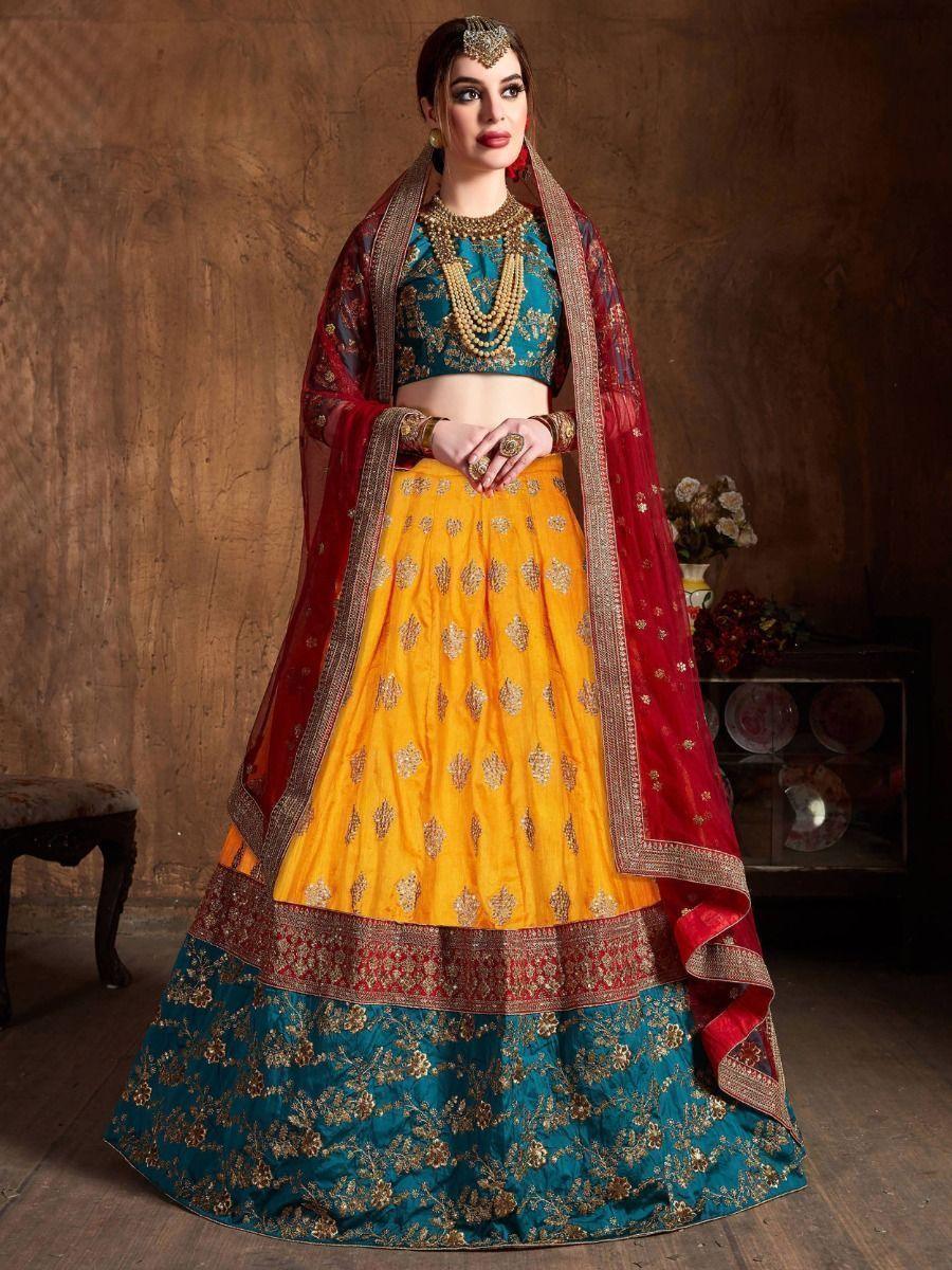 Banarasi Silk Lehenga Set | Teal & Yellow with Maroon Dupatta