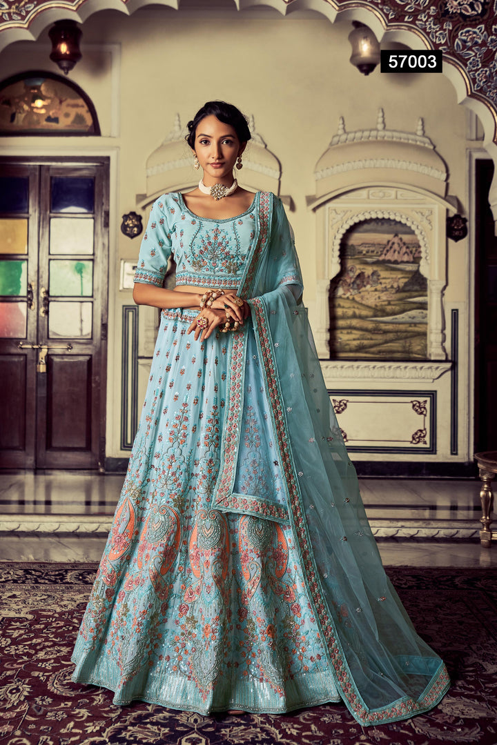 Turquoise Georgette Embroidered Lehenga | Thread & Sequins Work with Dupatta