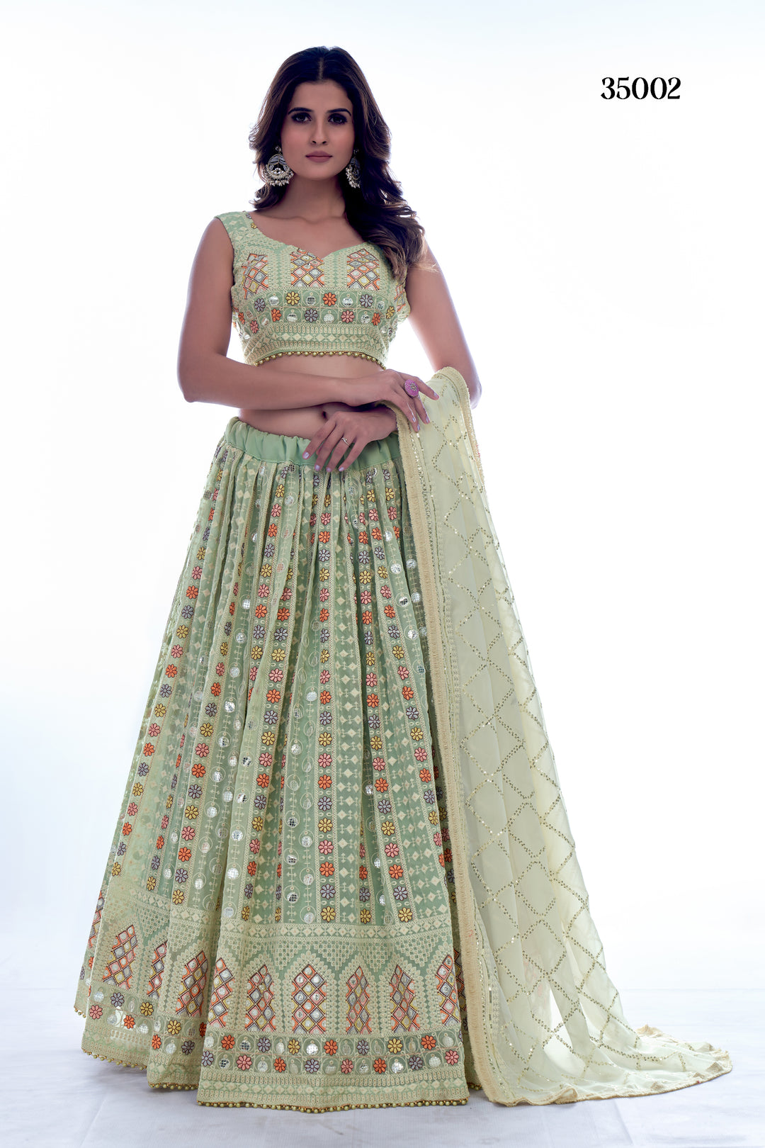 Elegant Pista Green Georgette Lehenga Set | Floral & Geometric Design with Sequins