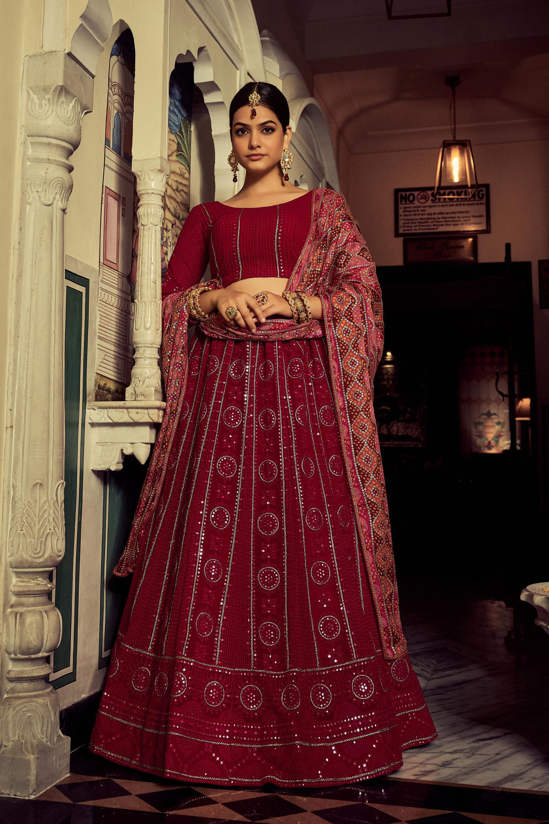 Red Georgette Embroidery Lehenga Choli | Zari & Thread Work Design