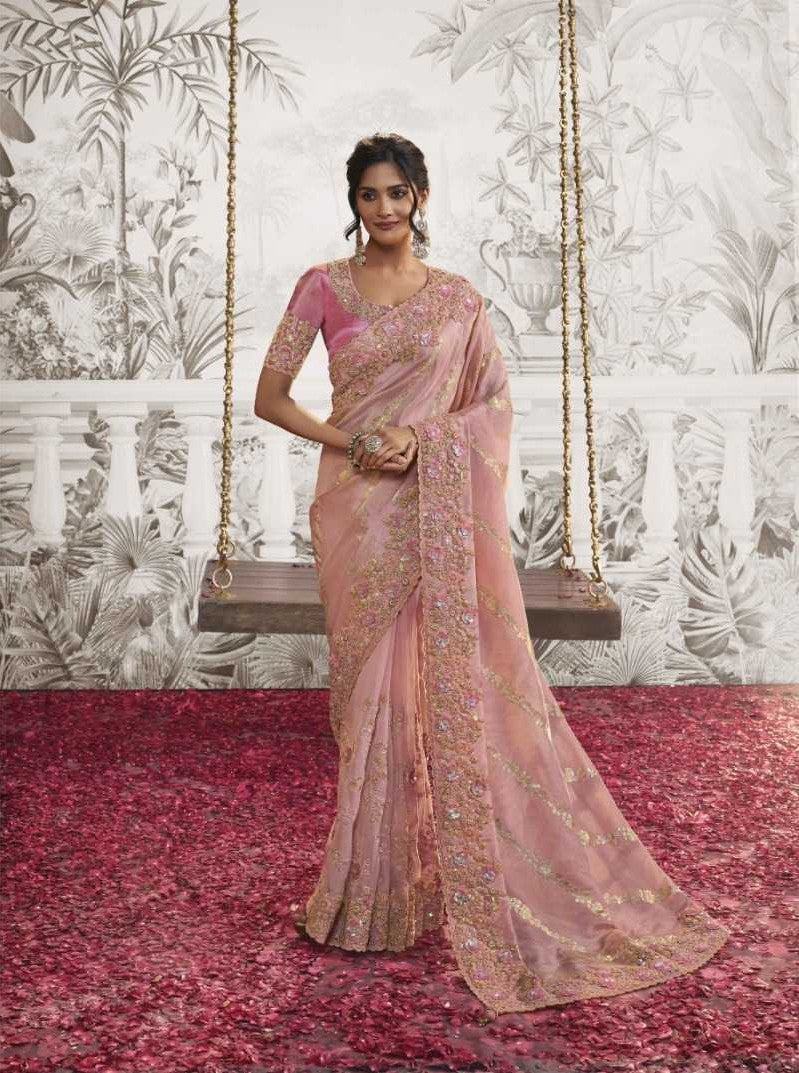 Gorgeous Baby Pink Crush Georgette Saree | Zari Embroidery & Latkan Detail