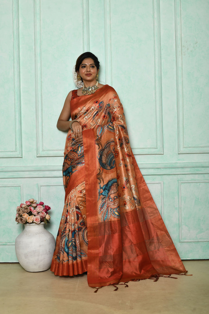 Ghicha Tussar silk saree with all-over Kalamkari print and zari pallu