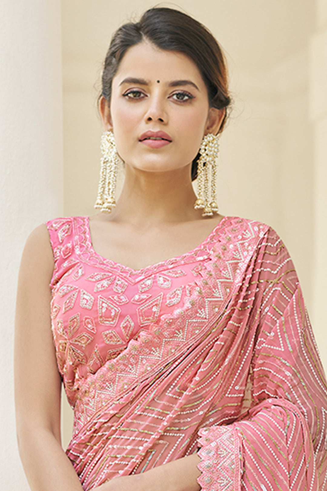 Baby Pink Georgette Designer Saree | Embroidered Wedding Saree with Blouse Set