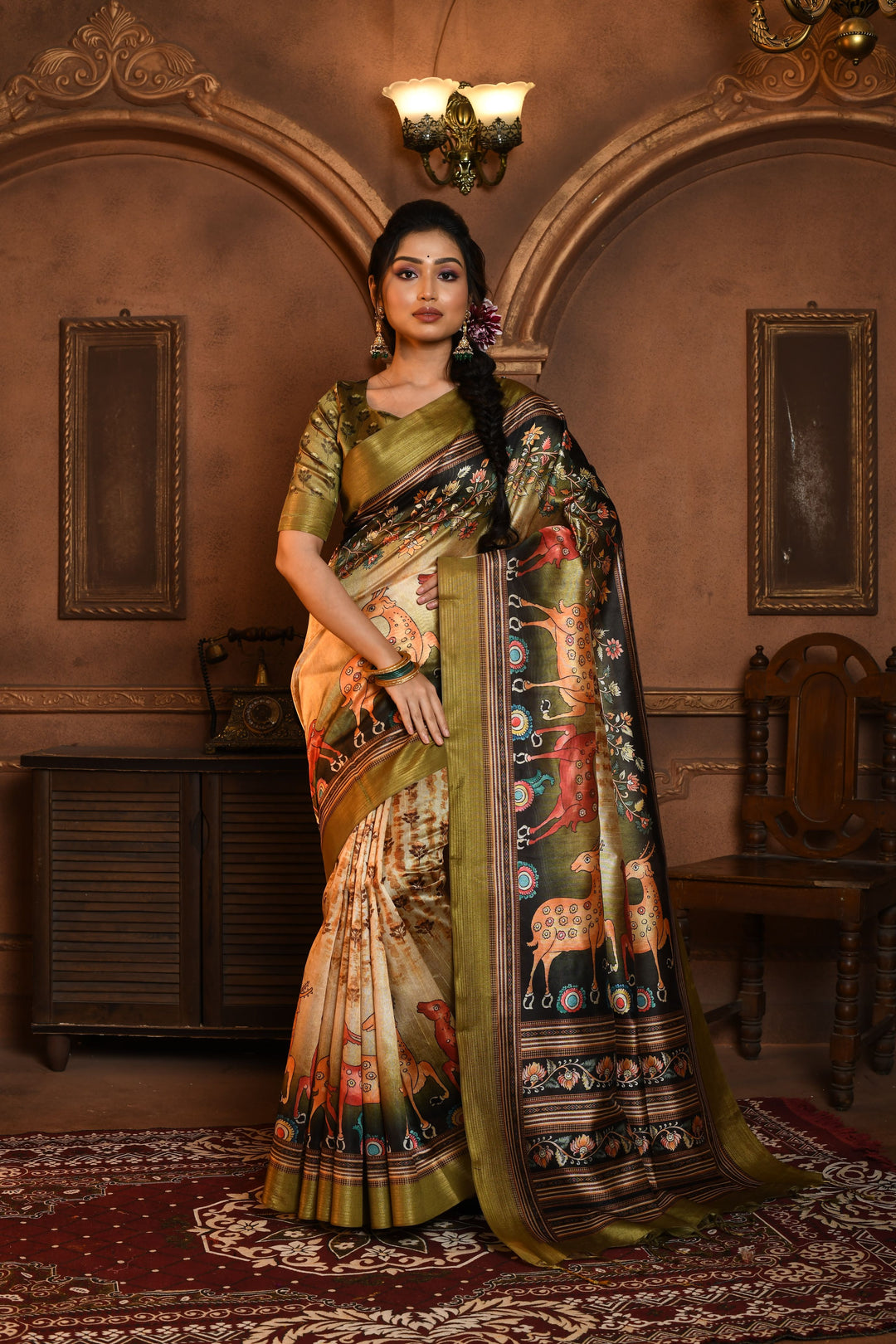 Olive Kalamkari Tussar Silk Saree with contrast blouse, perfect for traditional wear in the USA.