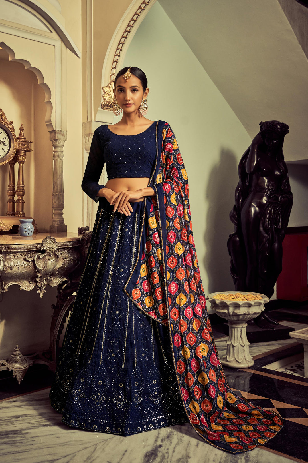 Navy Blue Georgette Lehenga Choli | Sequins & Thread Embroidery Design