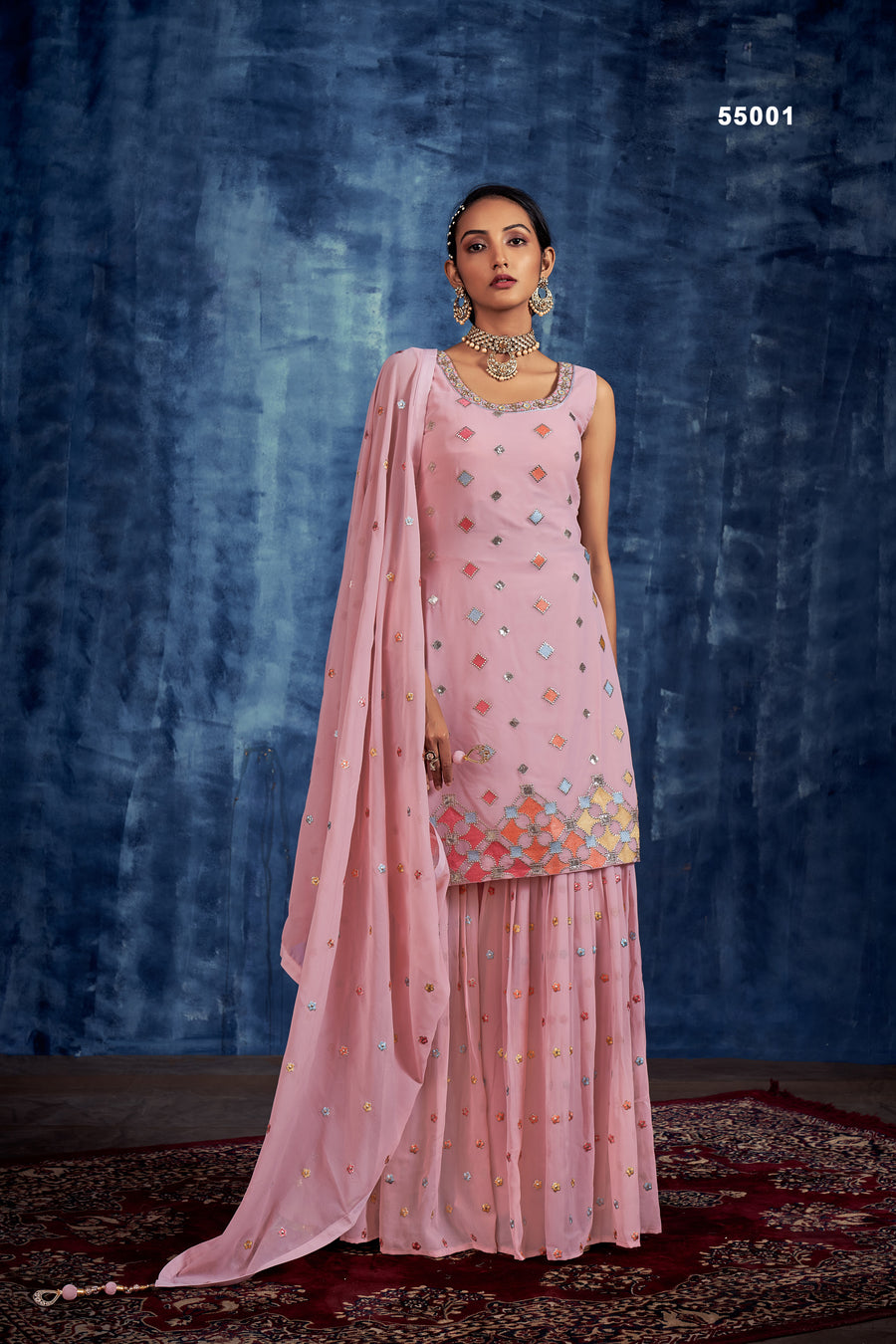 Baby pink designer sharara with embroidery and zari work for wedding season.