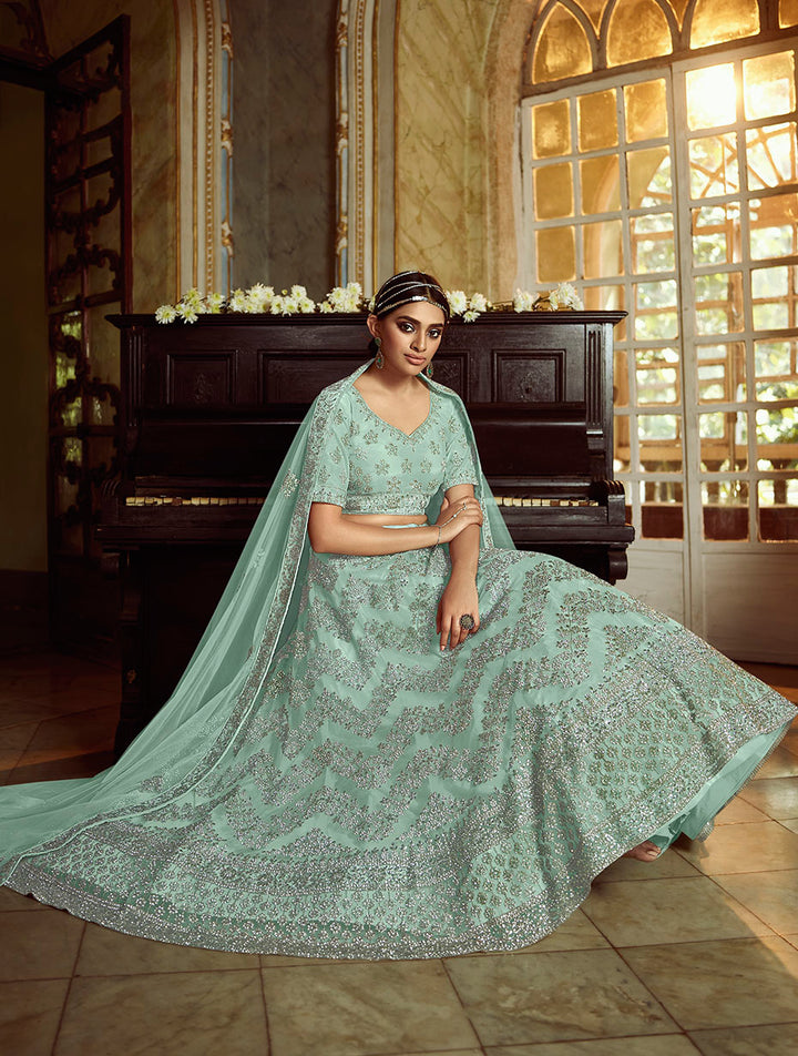 Sky Blue Soft Net Lehenga with Dori and Zarkan Work | Elegant Wedding Wear