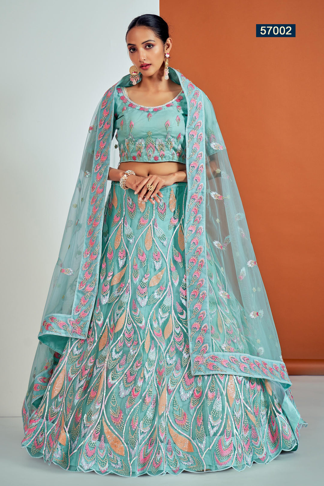 Turquoise Embroidered Net Lehenga | Wedding Wear Lehenga Choli Set