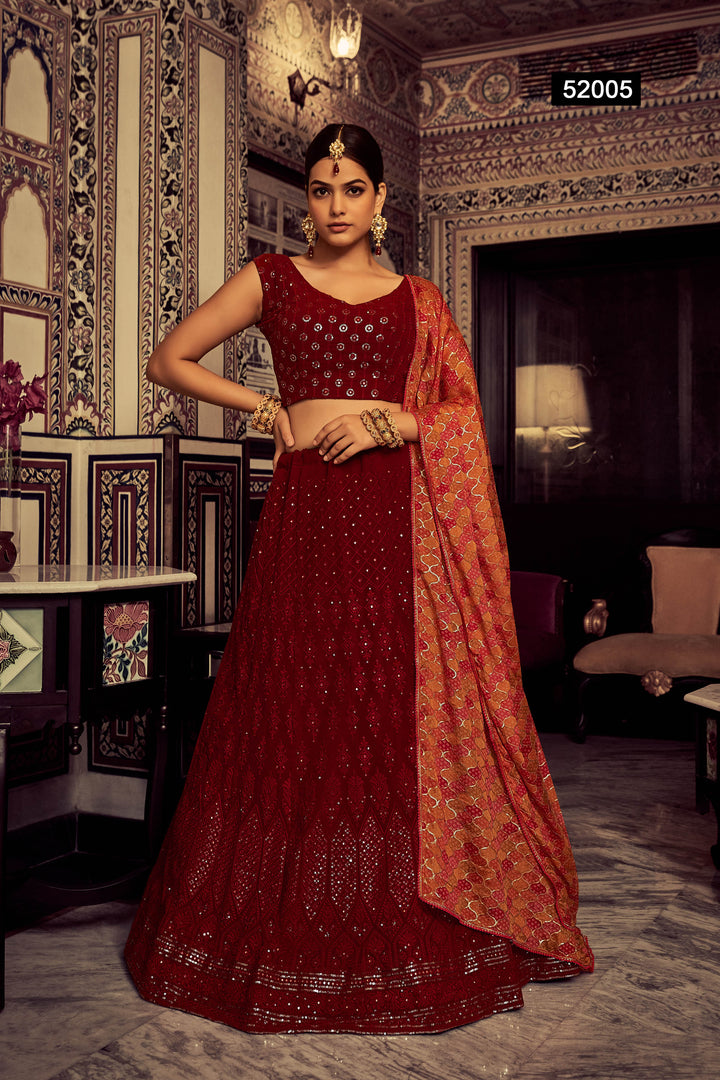 Maroon Georgette Lehenga Choli | Sequins & Thread Embroidery Design