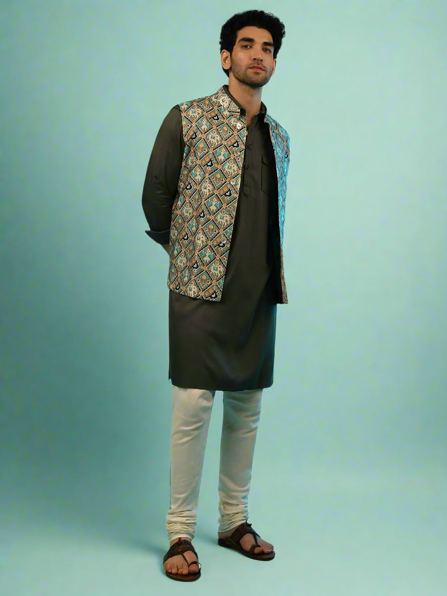 Rayon Kurta with Satin Jacket | Designer Printed Ethnic Wear for Men