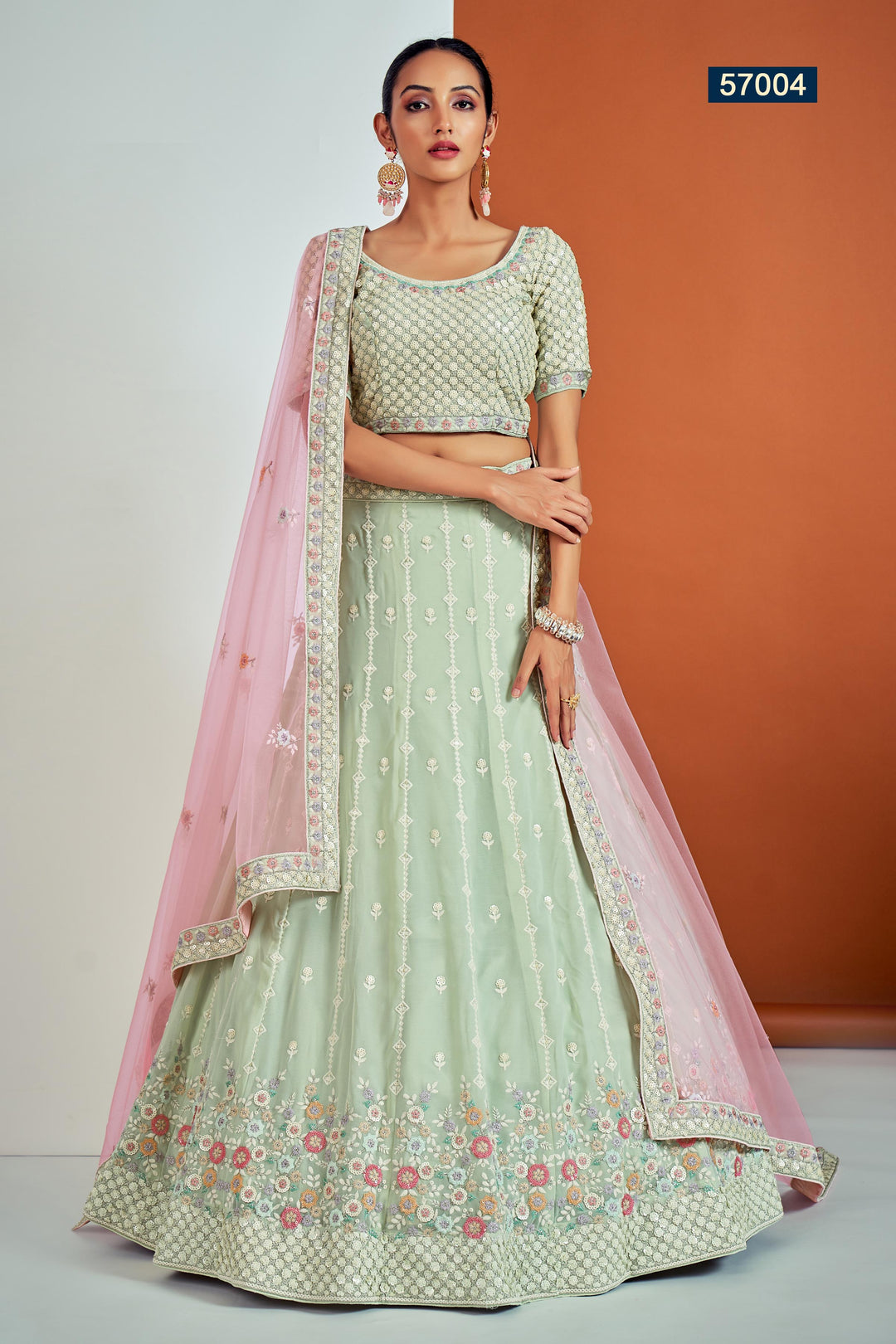 Pista Green Georgette Lehenga Choli | Indian Lehenga Choli Set with Dupatta