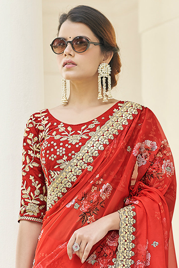 Floral Printed Red Embroidered Organza Saree | With Blouse Included