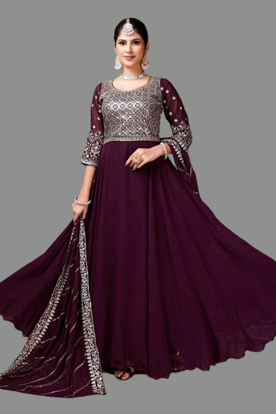 Elegant purple georgette gown dress, ideal for parties and special events.