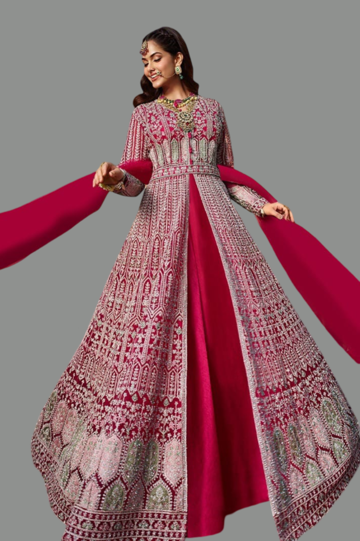 Bright pink party wear lehenga set made from stylish georgette, perfect for festive occasions.