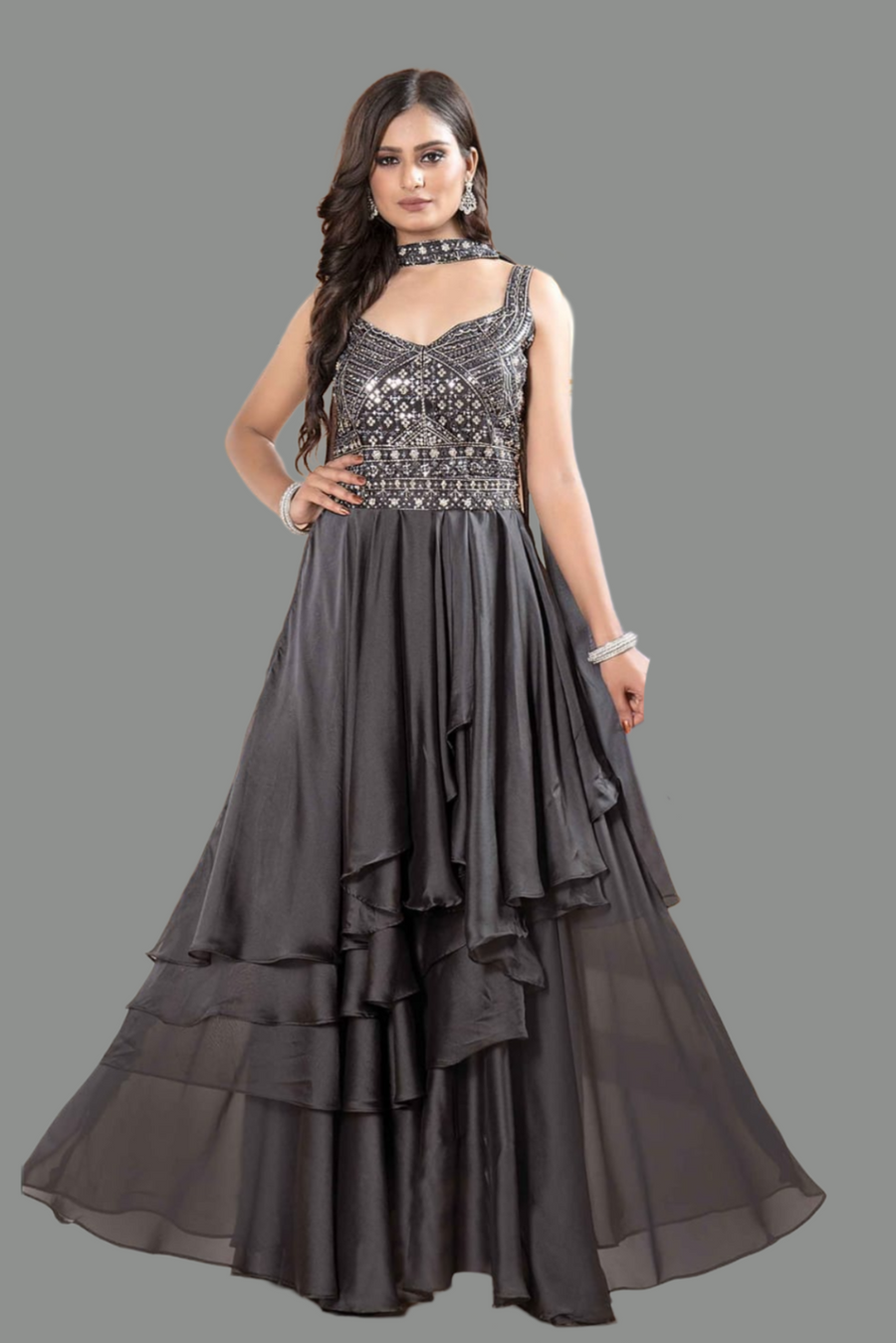 Designer grey ball gown dress made from elegant and comfortable rayon fabric.