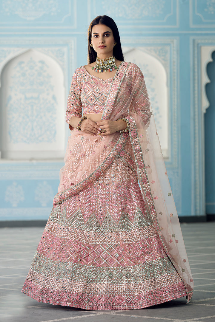 Peach Lehenga for Women | Semi Stitched Organza Lehenga Choli Set