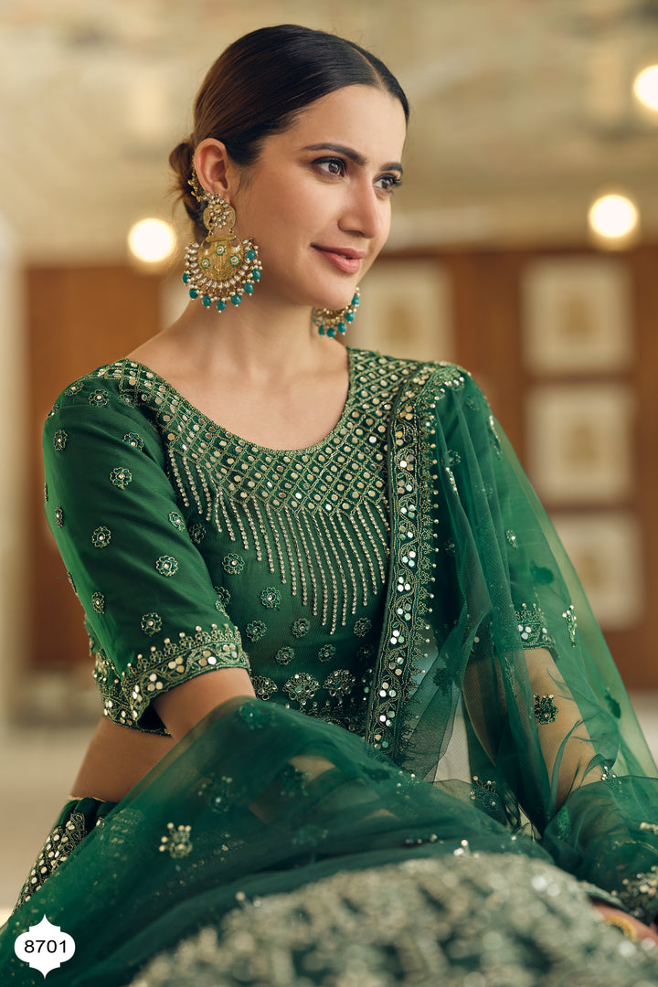 Elegant Green Lehenga | Bridal Lehenga with Dori & Mirror Work