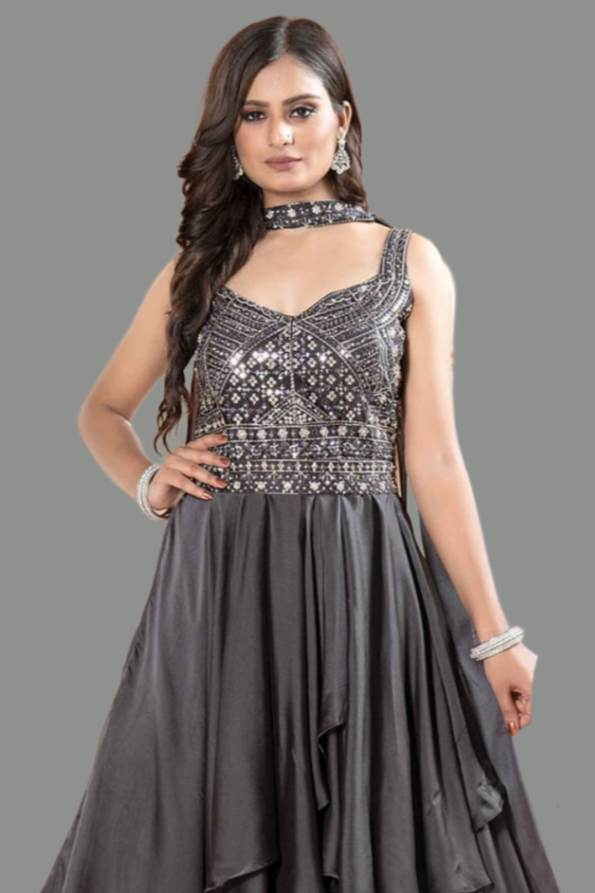 Chic grey gown featuring a stylish design, perfect for special occasions.