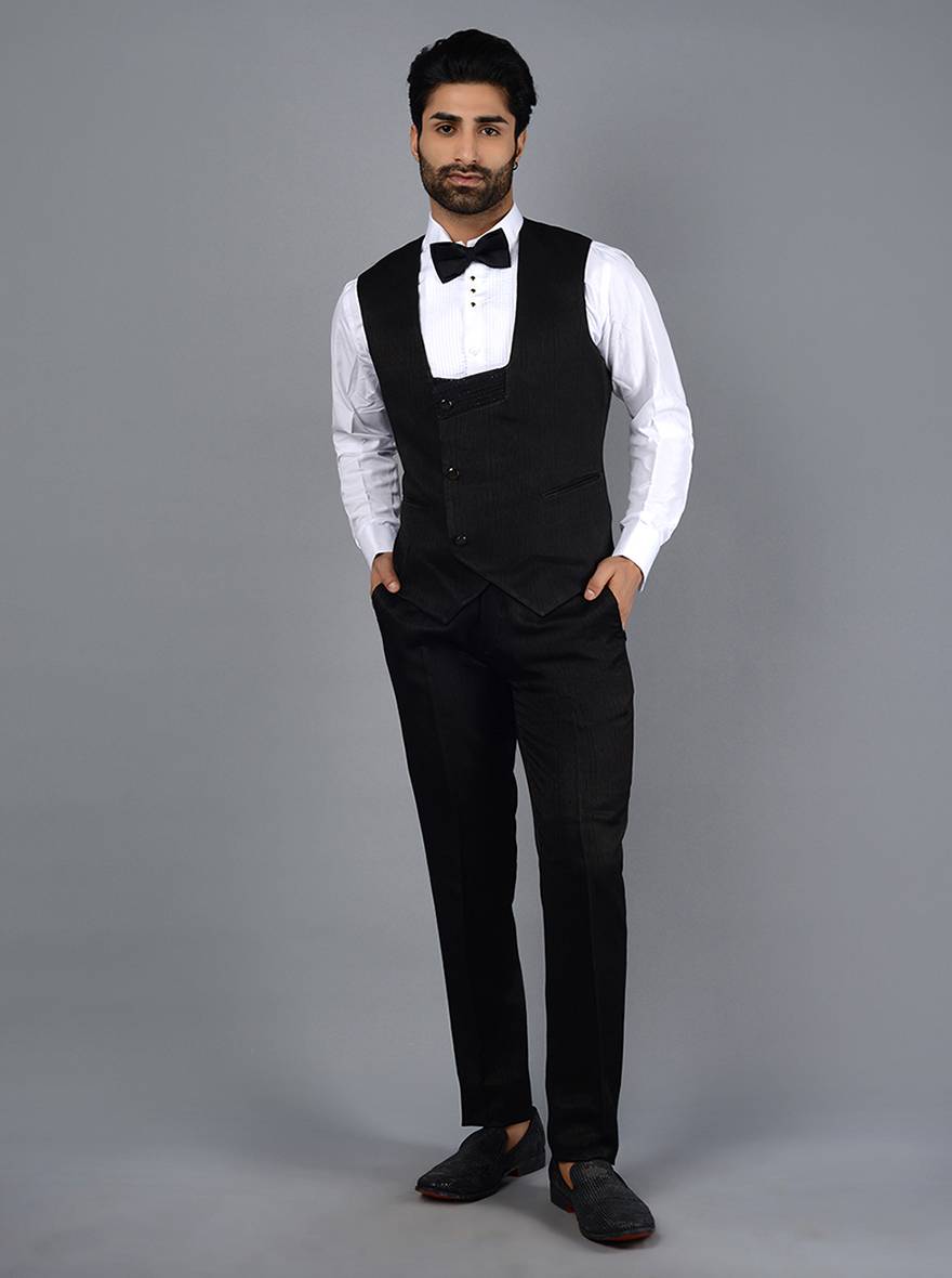 Sophisticated black suit with self-embroidery and jacquard design, tailored for men's formal attire.