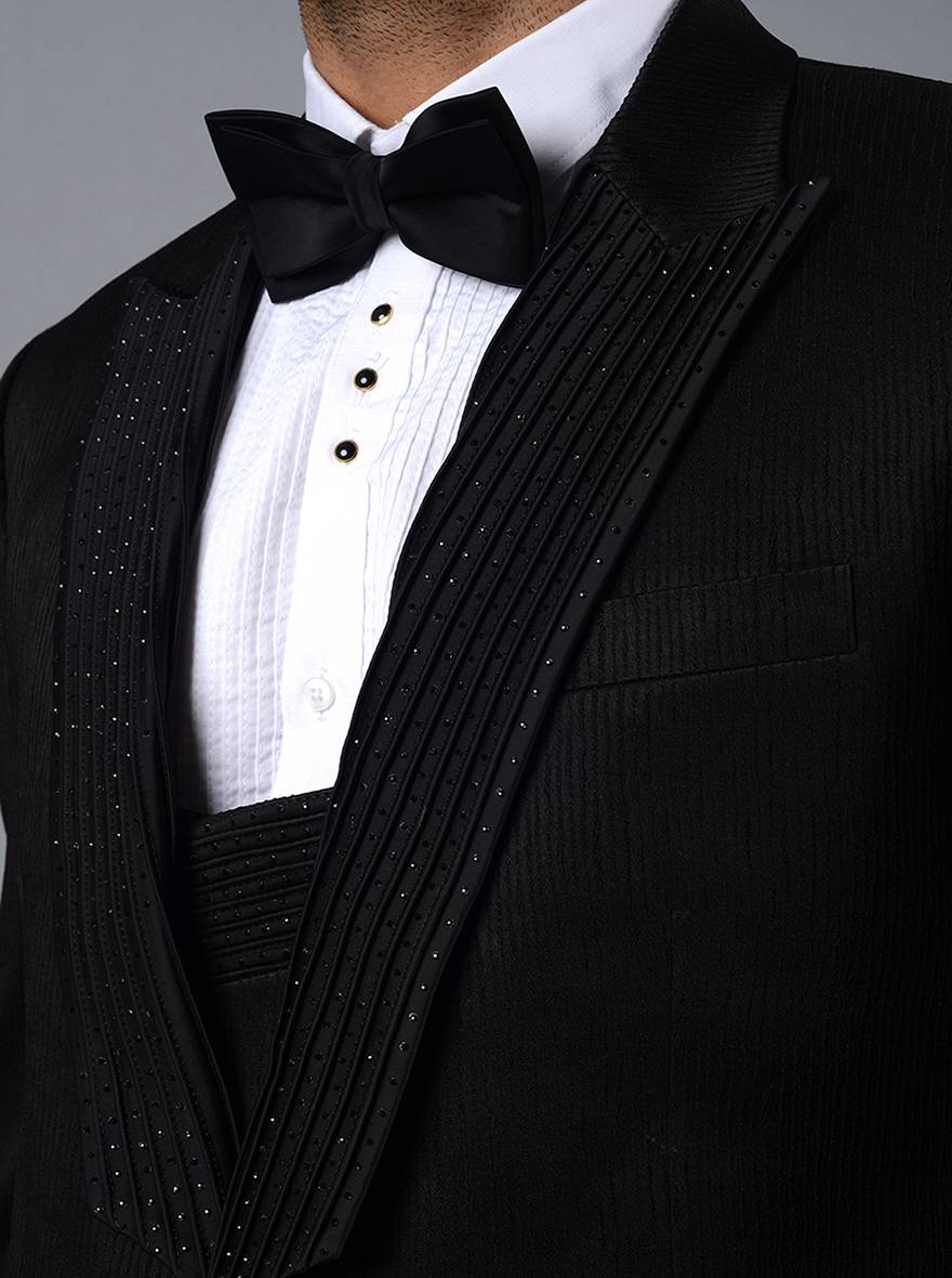 Black embroidered jacquard suit for men, perfect for weddings, receptions, and formal occasions.