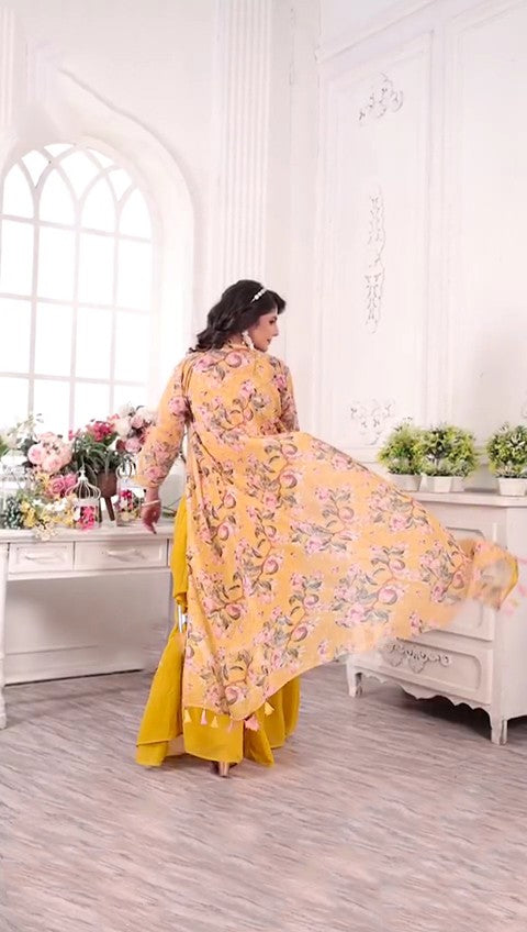 Gorgeous yellow palazzo set crafted from georgette fabric, perfect for celebrations.