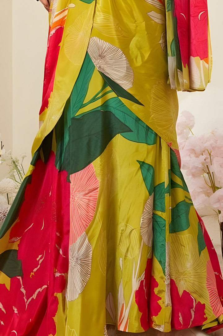 Beautiful buttercup yellow chinon saree featuring a draped design and floral patterns, perfect for making a statement.