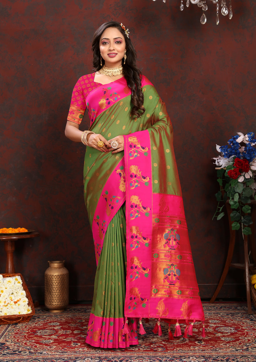 Paithani Saree in green with contrast zari border, perfect for elegant Indian weddings.