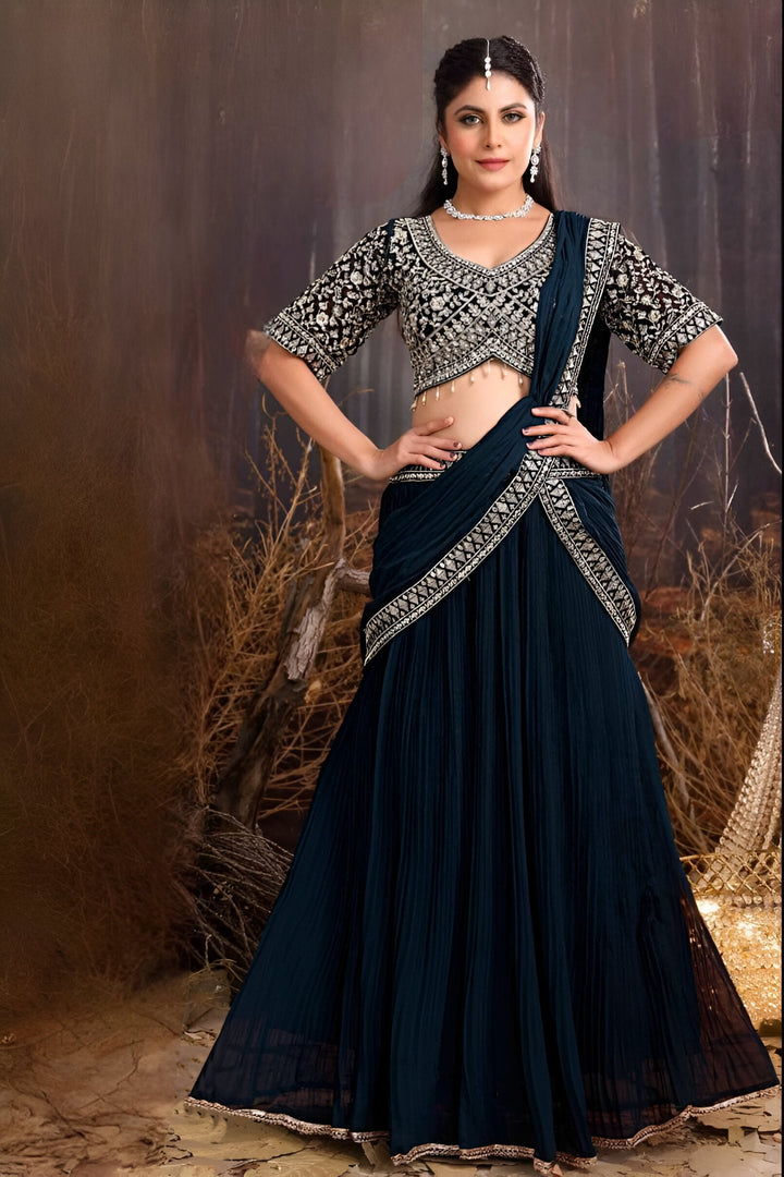 Chic navy blue saree designed for women’s fashion, ideal for festive events.