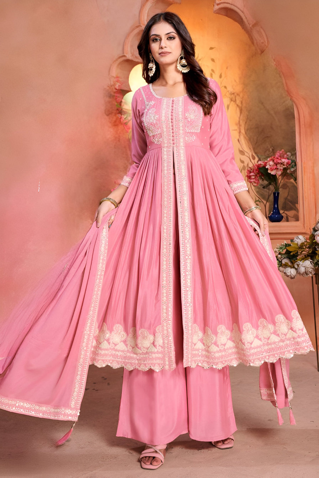 Pink kurti with palazzo set designed for women, perfect for any occasion.