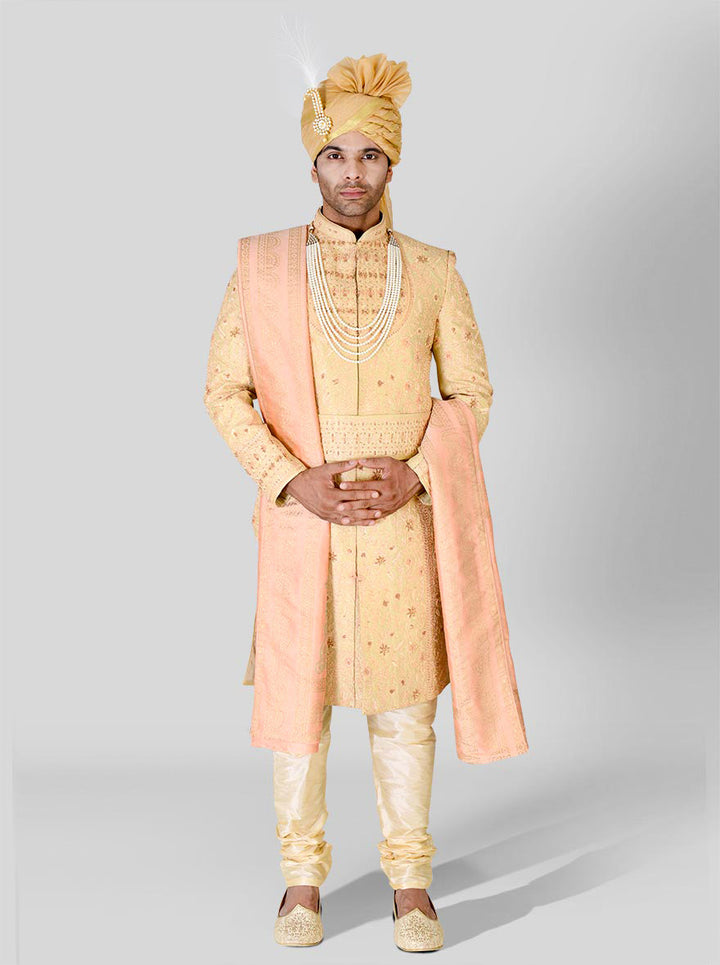 Luxurious silk Beige & Golden Sherwani, combining traditional elements with chic modern appeal.