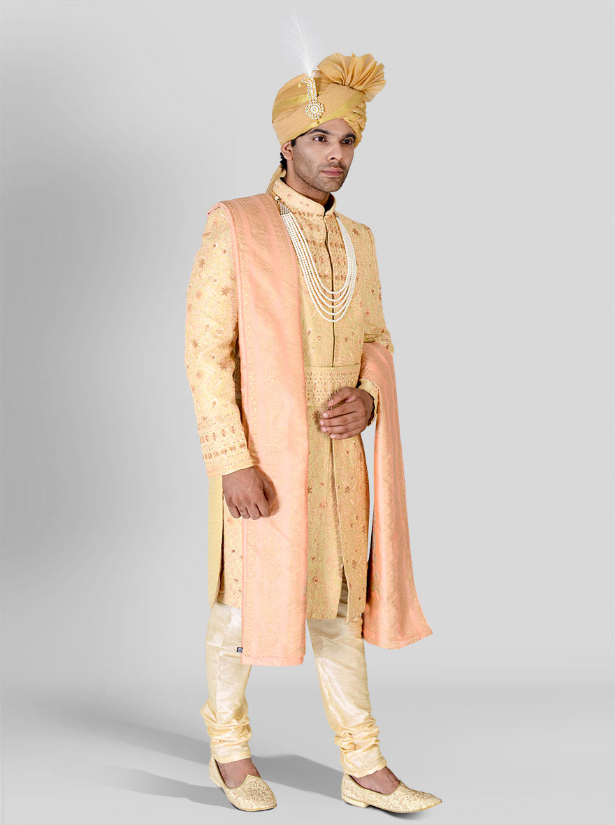 Elegant Beige & Golden Sherwani designed for modern grooms, perfect for special occasions.