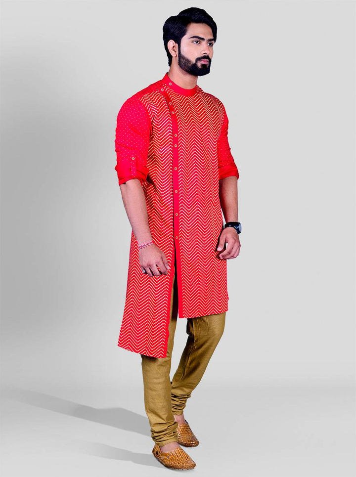 Red embroidered kurta pajama for men, perfect for festive celebrations and special events in the USA.