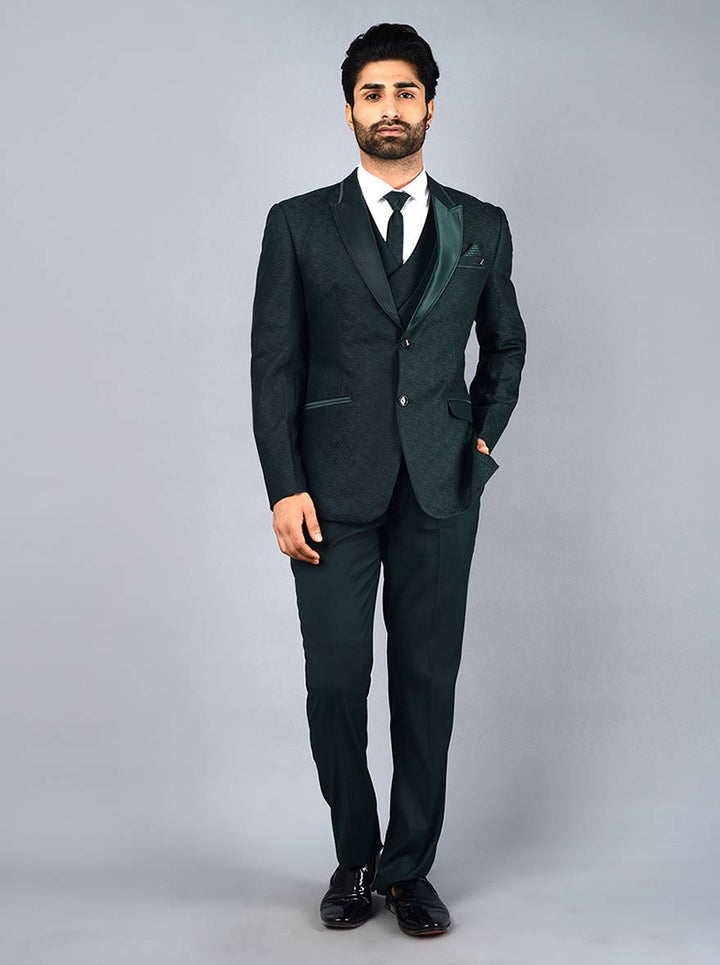 Elegant bottle green suit for men featuring a self-design and crafted from terry rayon with a regular fit.