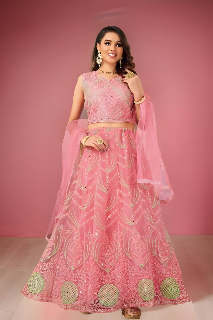 Pink net lehenga set, perfect for bridal events and parties with elegant design.