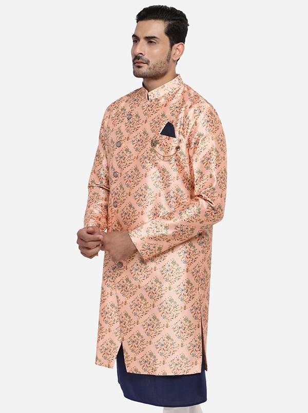 This stylish light peach semi indo-western kurta combines comfort and modern design, ideal for traditional Indian wear for men.