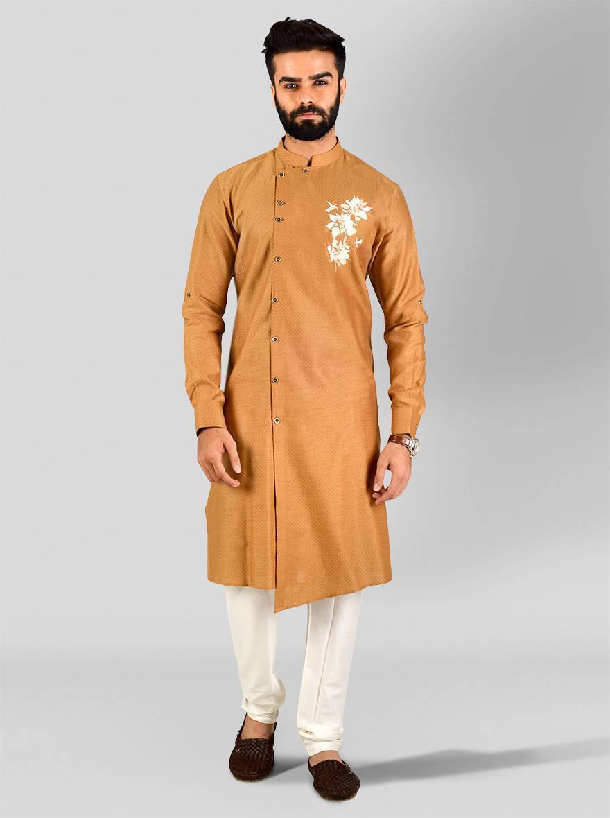 Beige silk kurta pajama set for men, designed for regal appeal and special occasions in the USA.