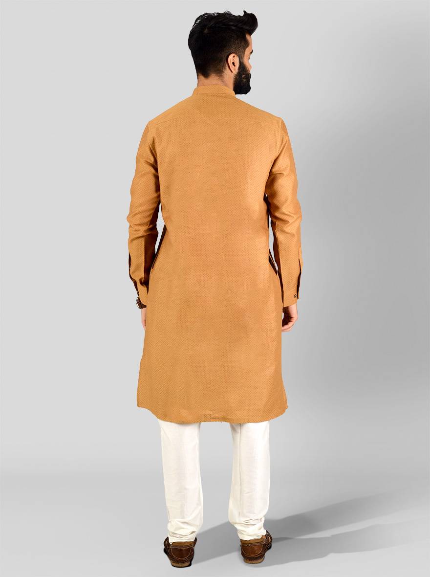 Experience elegance with this solid beige silk kurta pajama set for men, ideal for USA celebrations.