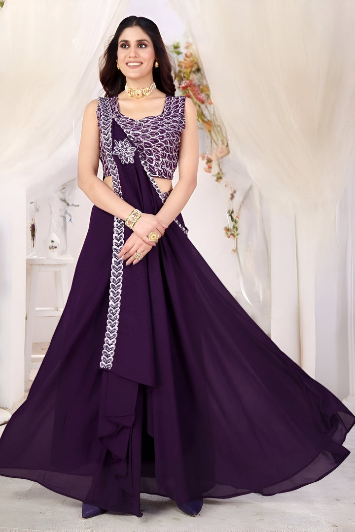 Luxurious purple georgette lehenga set, designed for weddings and events with a chic, modern style.