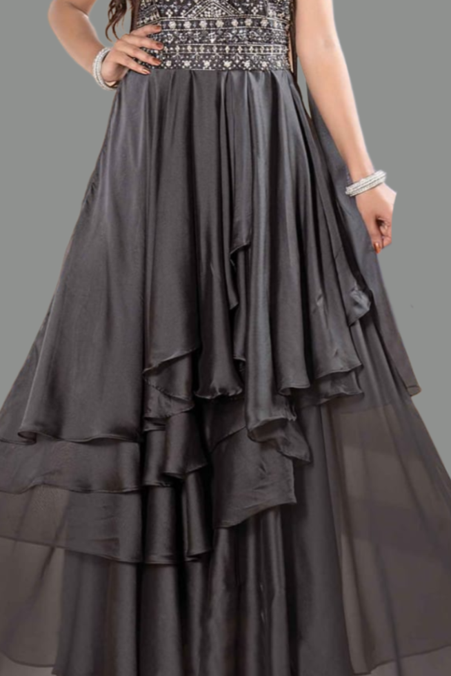 Elegant grey gown designed for weddings and celebrations.